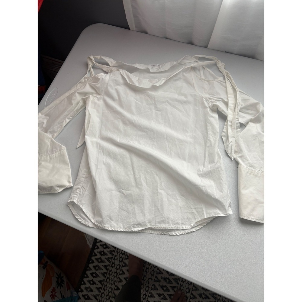 FRAME Denim Off-Shoulder Tie-Strap Long Sleeve‎ Blouse Top White Size S